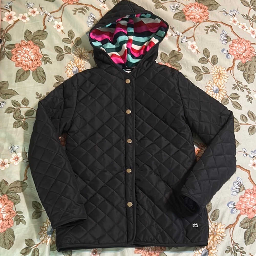 Black Quilted Crown and Ivy Hooded Jacket with Striped Lining (NWOT)